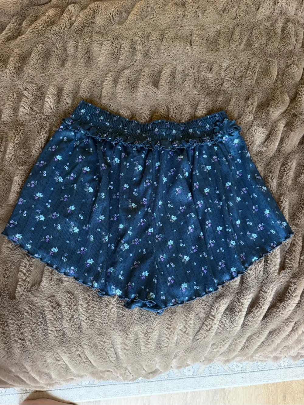 For Love And Lemons Navy Floral Elastic-Waist Ruffle Shorts